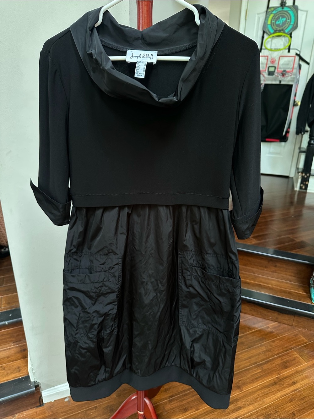 Joseph Ribkoff Cocoon Dress 173444 Black Cowl Neck 3/4 Sleeve Pocket Size 8 - Picture 3 of 5